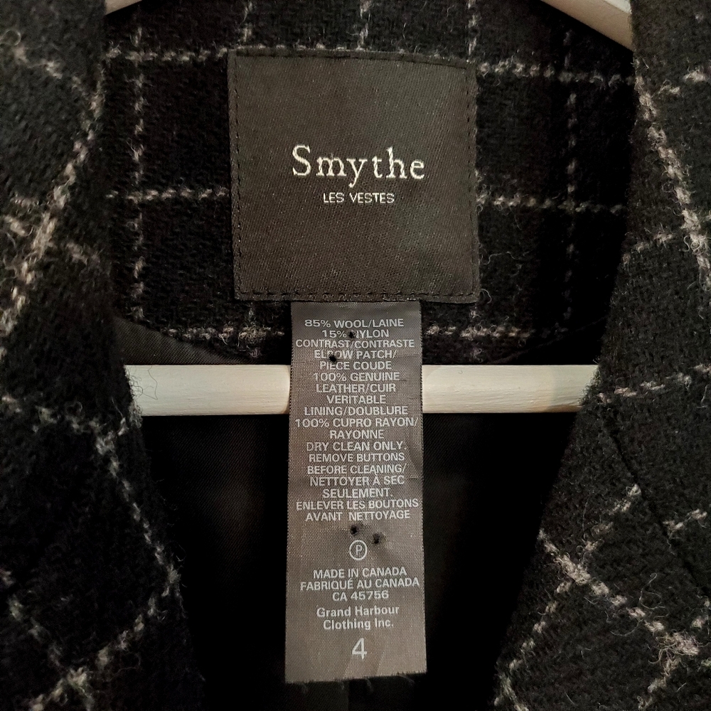 Smythe - Riding Jacket Wool Windowpane Pattern w/ Leather Elbow Patches - Size 4 - Picture 5 of 11